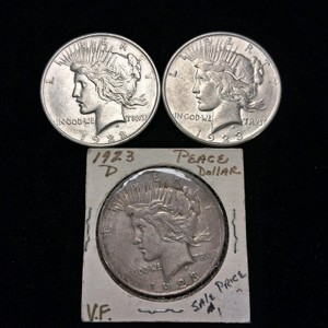 Lot of (3) Peace Dollars 1922, 1922 and 1923 - 90% Silver Constitutional Currency
