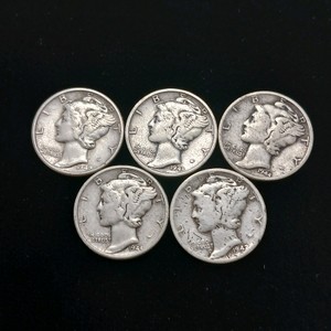 Lot of (5) Total Mercury Dimes (Misc. Years 1942-44) 90% Constitutional Silver