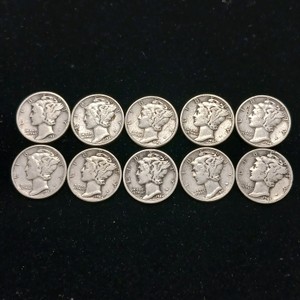 Lot of (10) total Mercury Dimes (1940-1944) 90% Constitutional Silver
