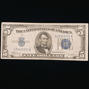 Series 1934-B $5 Silver Certificate featuring a blue Treasury seal