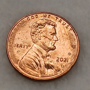 ERROR COIN  2021-D Lincoln Penny with missing letters  (Grease strike through error)