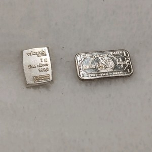 Lot of (2) 1 gram Fine Silver Fractional Bars Valcambi Suisse & Rising Sun Mint