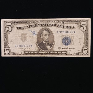 Series 1953 A $5 Silver Certificate with a blue seal