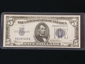 1934-A $5 Five Dollar Silver Certificate  Blue Seal  Fr. 1651  Wide Back Plate  Choice VFXF