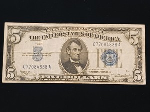 1934-C $5 Five Dollar Silver Certificate - Blue Seal - Circulated (Serial C77084838A)