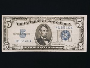 1934A $5 Five Dollar Silver Certificate  Blue Seal  Serial H01655433A