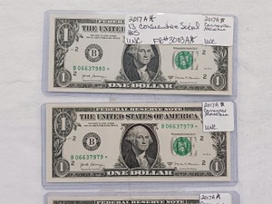 HUGE LOT  (13) bills total uncirculated, consecutive series 2017A Federal Reserve Star Notes