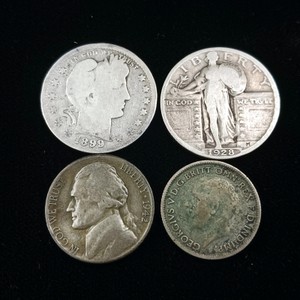 Assortment Lot of (4) Vintage coins Barber Quarter, Standing Liberty Quarter, Jefferson War Nickel & Sixpence