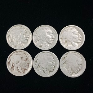 Lot of (6) coins  vintage American Buffalo (Indian Head) Nickels.