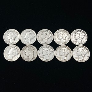 Lot of (10) coins classic U.S. Mercury dimes, recognizable by Liberty wearing a winged cap