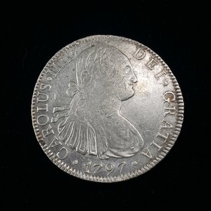 1797 Spanish Colonial 8 Reales, often referred to as a piece of eight.