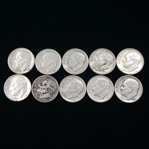 Lot of (10) coins Vintage U.S. Roosevelt dimes minted between 1950 and 1964.
