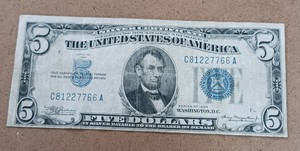 Series 1934 $5 Silver Certificate with a distinct blue Treasury seal