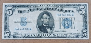 1934 Series $5 Silver Certificate - Blue Seal United States Currency Note