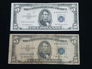 Lot of 2 Vintage 1953 $5 Silver Certificates - Blue Seal Lincoln Small Size Notes (One Crisp, the other circulated heavily)