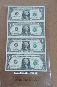 2003A Uncut sheet of four $1 FRN