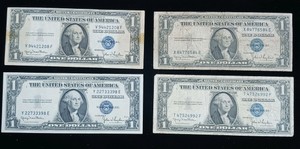 Lot of (4) 1935 Series D $1 Silver Certificates - Blue Seal Currency Notes - Two of them have a triple pair