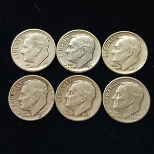 Lot of (6) Vintage Roosevelt Dimes - 90% Constitutional Silver (1952-1964)