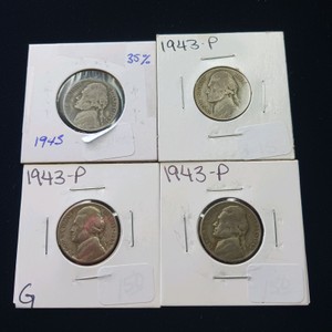 Lot of (4) 1943-P US Silver Jefferson War Nickels (35% silver content)