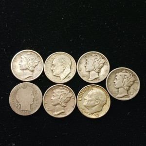 Lot of (7) Vintage U.S. Silver Coins - Mercury Dimes, Roosevelt Dimes & Barber Dime