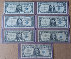 Lot of (7) Vintage US $1 Silver Certificates - Blue Seals (Series 1957)