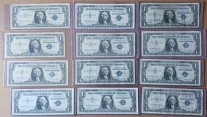 Lot of (12) Vintage US $1 Silver Certificates - Blue Seals (1957A Series)