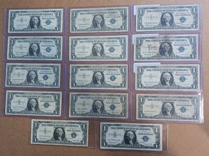 Lot of 14 Circulated US $1 Silver Certificates  Blue Seals - 1967B