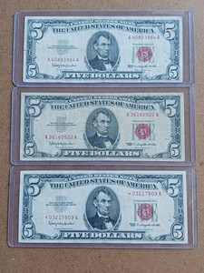 Lot of 3 Vintage $5 Red Seal United States Notes  Includes Star Note  Series 1963