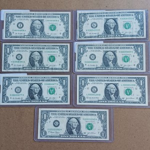 Collection of (7) Vintage $1 Federal Reserve Notes - Fancy Serial Numbers & Low Serials