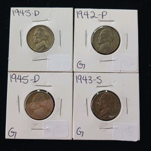 Lot of (4) U.S. Wartime Silver Nickels (1942-1945)  35% Constitutional Silver