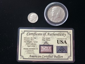 3-Piece Silver Bullion & Coin Lot - 90% Dime, 40% Kennedy Half, 1g .999 Bar - Nice starter kit (all have silver)