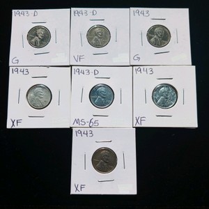 Lot of (7) 1943 Lincoln Steel Cents, steelies.  World War II to conserve copper for wartime ammunition.