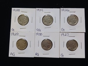 Lot of (6) Vintage Buffalo Nickels - Mixed Dates 1926-1934 Indian Head 5c