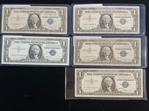 Lot of (5) Vintage $1 One Dollar Bills - Blue Seal Silver Certificates - Series 1957A 