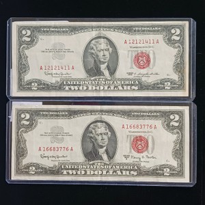 Lot of (2) Vintage $2 Two Dollar Bills - Red Seal United States Notes - Series 1963 & 1963 A