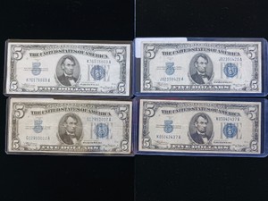 Lot of (4) Vintage $5 Five Dollar Bills - Blue Seal Silver Certificates - Series 1934 A