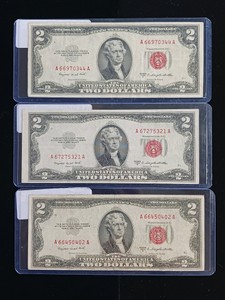 Lot of (3) Vintage Series 1953 C&D $2 Two Dollar Bills - Red Seal United States Notes
