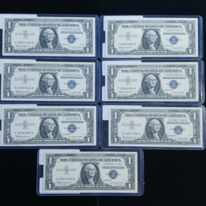 Lot of (7) Vintage $1 One Dollar Bills - Blue Seal Silver Certificates - 1957B