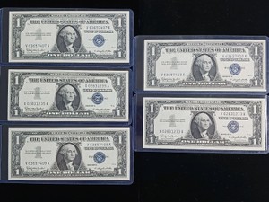 (5) Vintage Series 1957B $1 One Dollar Bills - Blue Seal Silver Certificates