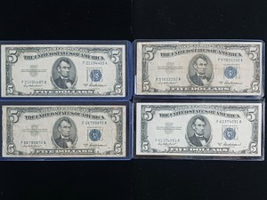 Lot of (4) Vintage Series 1953A $5 Five Dollar Bills - Blue Seal Silver Certificates