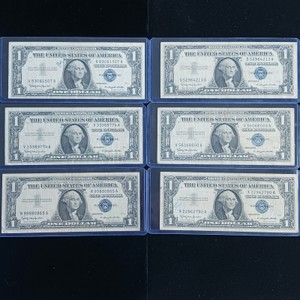 Lot of (6) Vintage Series 1957B $1 One Dollar Bills - Blue Seal Silver Certificates