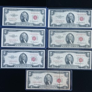 Lot of (7) Vintage Series 1953A $2 Two Dollar Bills - Red Seal United States Notes