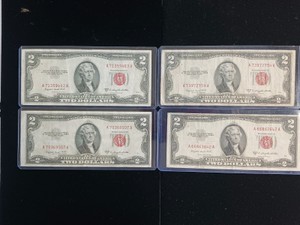 Lot of 4 Vintage 1953 $2 Two Dollar Bills Red Seal United States Notes Jefferson