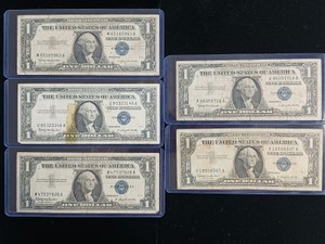 Lot of (5) Series 1957 B $1 One Dollar Silver Certificates - Blue Seal Notes