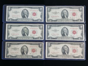 Lot of (6) Series 1953C $2 Two Dollar Bills - Red Seal United States Notes