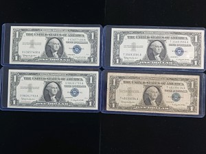 $1 Series 1957B Blue Seal Silver Certificates (lot of 4 notes)