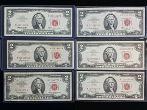 Lot of (6) Vintage Series 1963 $2 Two Dollar Red Seal US Notes - Clean Condition