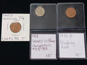 Lot of (3) Lincoln Memorial Cent VarietyError Coins - 1969 & 1970-D (Missing FG, Floating Roof)