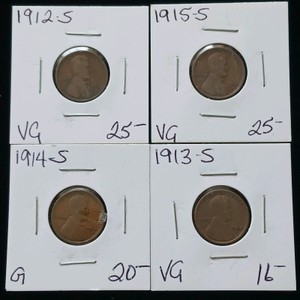 The 1912-S, 1913-S, 1914-S, and 1915-S (semi-key wheat cents minted in San Francisco)