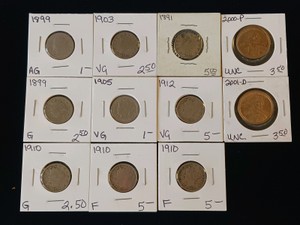 Lot of (9) Liberty Head V Nickels (years 18911912), plus two bonus coins